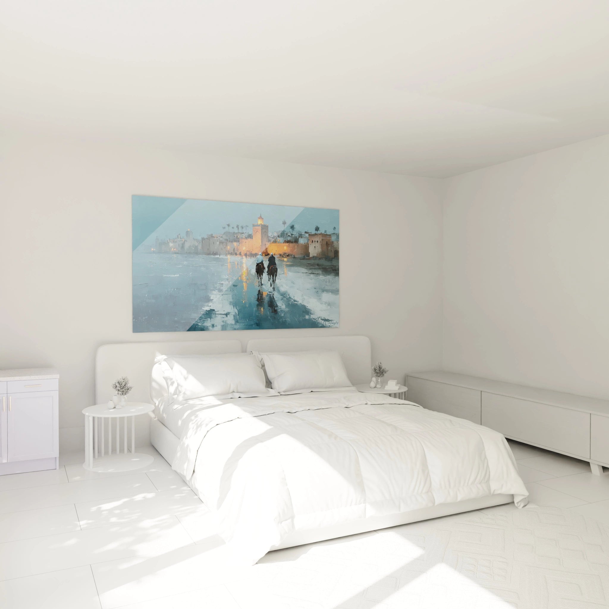 tableau Marrakech orientalisme Walensky mural bleu d un couple marchant au bord de l eau au dessus d un lit blanc