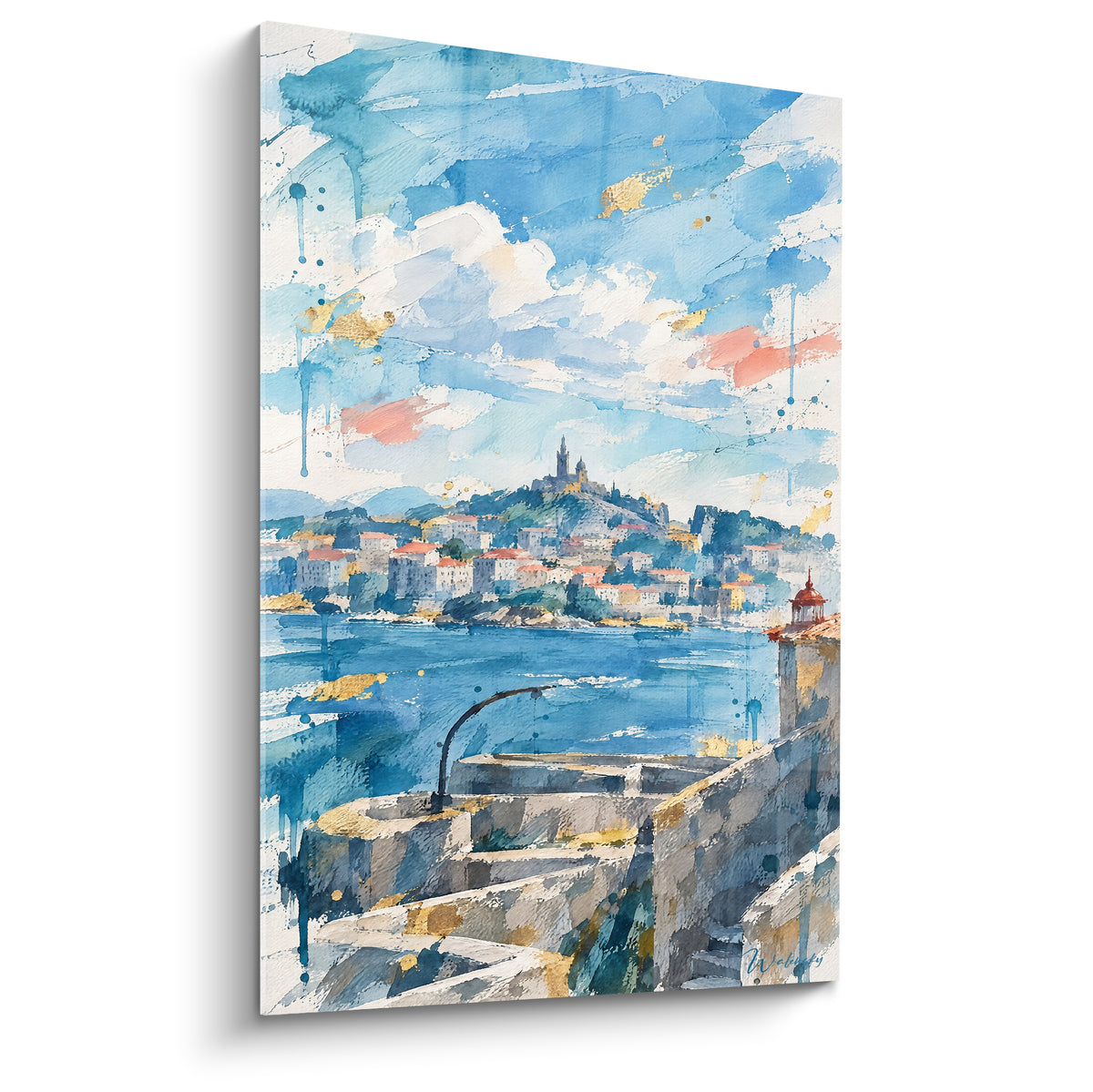 Schilderij baai van Marseille in marineblauwe en okerkleurige aquarel met de basiliek boven de terracotta daken