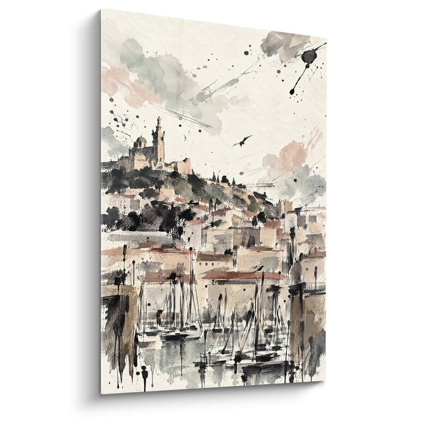 Schilderij Basiliek en haven met zwarte zeilers - Mist boven de haven - Editie Marseille Provence-Alpes-Côte d'Azur Frankrijk
