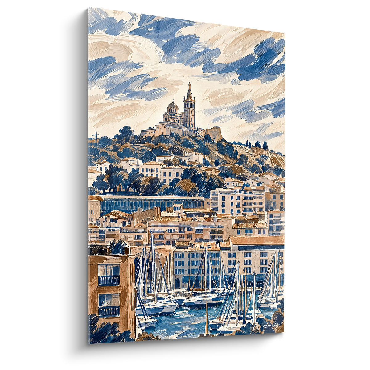 Basilique dorée dominant un port de voiliers blancs, ciel bleu et ocre, style illustratif marseillais