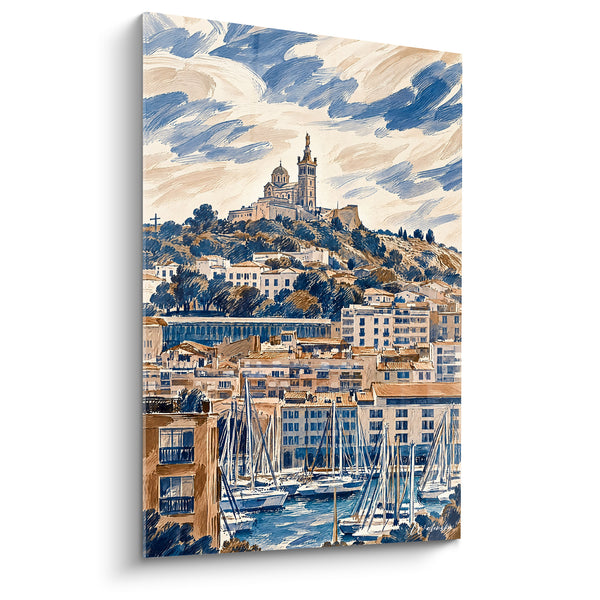 Tableau Notre-Dame de la Garde bleu et ocre sur le port - Veille sur le port - Edition Marseille Provence-Alpes-Côte d'Azur France