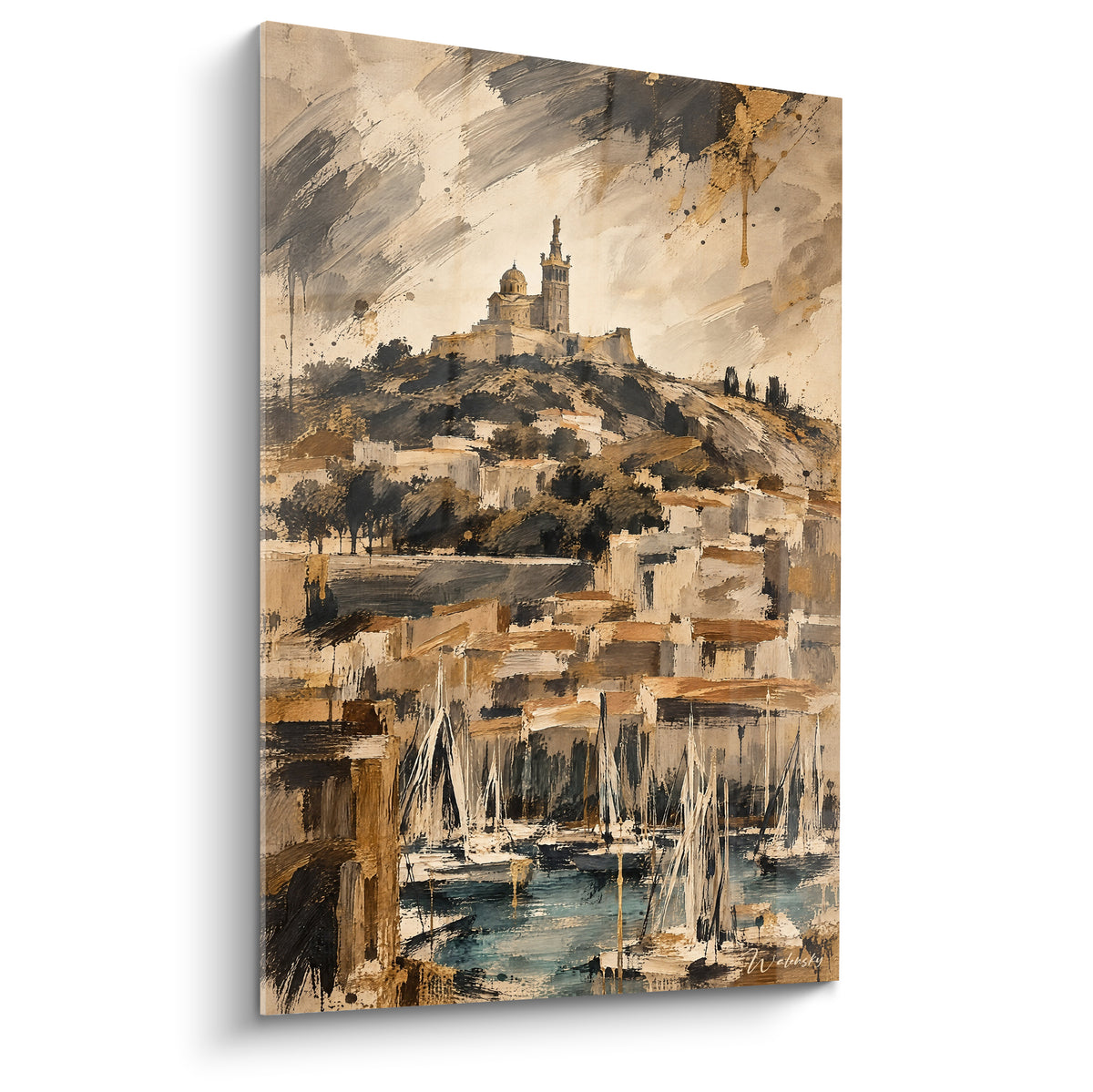 Schilderij van de gouden basiliek boven de Oude Haven van Marseille, petroleumblauwe zeilboten en geschetste okergele gevels