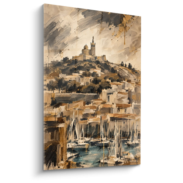 Schilderij Basiliek sepia en grijs op beboste heuvels - Witte masten in lijn - Editie Marseille Provence-Alpes-Côte d'Azur Frankrijk