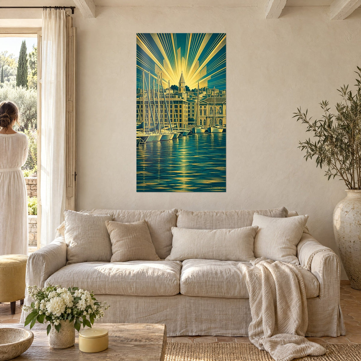 Wall art Vieux-Port in golden rays, sailboats lined up on turquoise water, woman seen from behind above a sofa in a bright living room