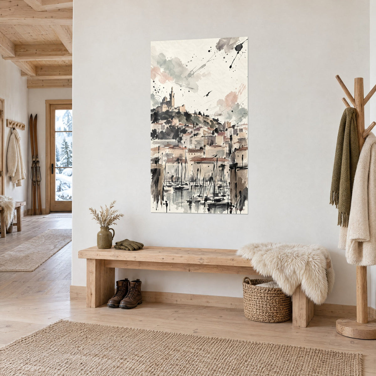 Schilderij oude haven en zwarte inkt-zeilboten, daken in sienaaarde en grijze wolken, witte muur van een chalet
