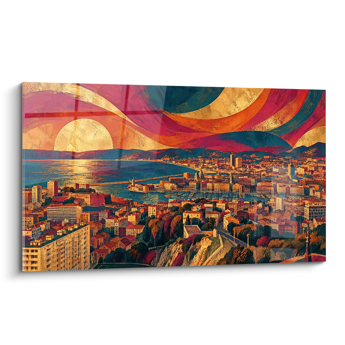 Marseille panoramique au coucher de soleil doré, port et citadelle en bleu pétrole et terracotta