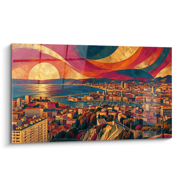 Tableau Marseille panorama doré et bleu pétrole - Flamme sur la baie - Edition Marseille Provence-Alpes-Côte d'Azur France