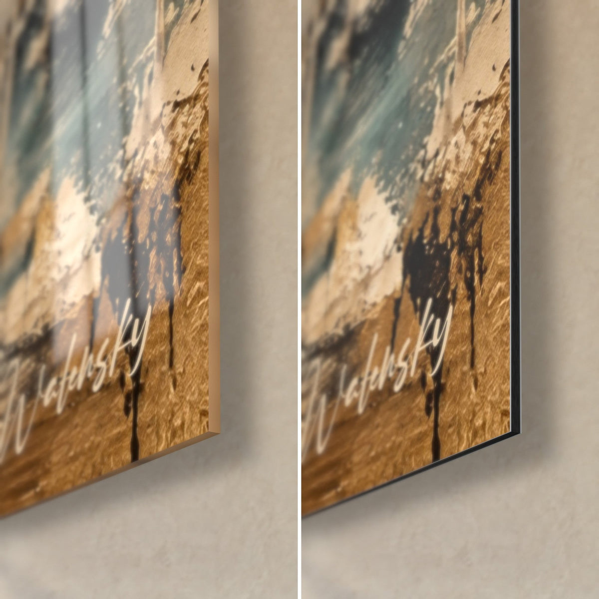 Schilderij van zeilboten met witte masten, oker en petroleumblauw, rechtsonder: glanzend glas links, mat Dibond rechts, rand van 3 mm