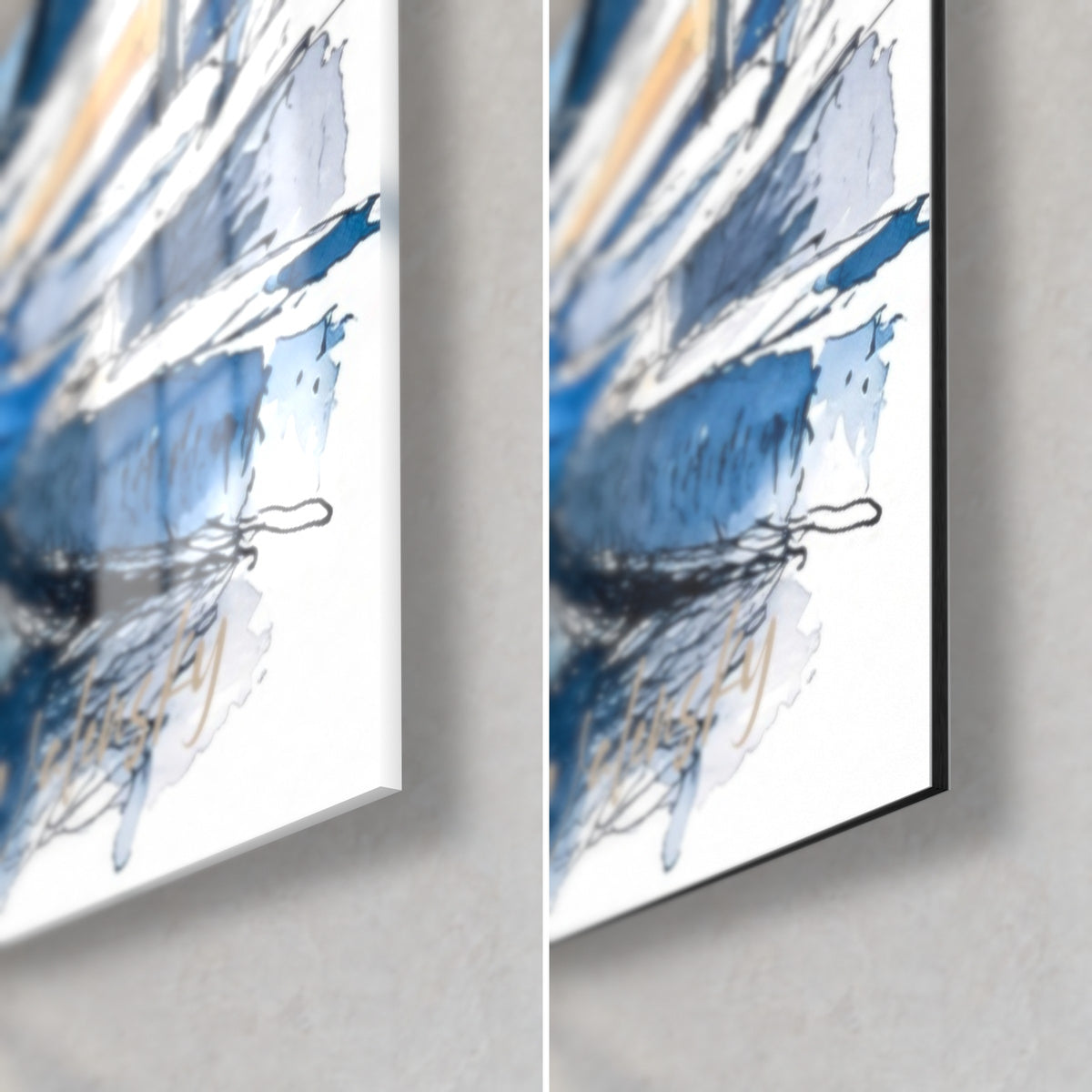 Schilderij zeilboten in aquarel, rechtsonder: glanzend acrylglas links, mat Dibond rechts, 3 mm rand