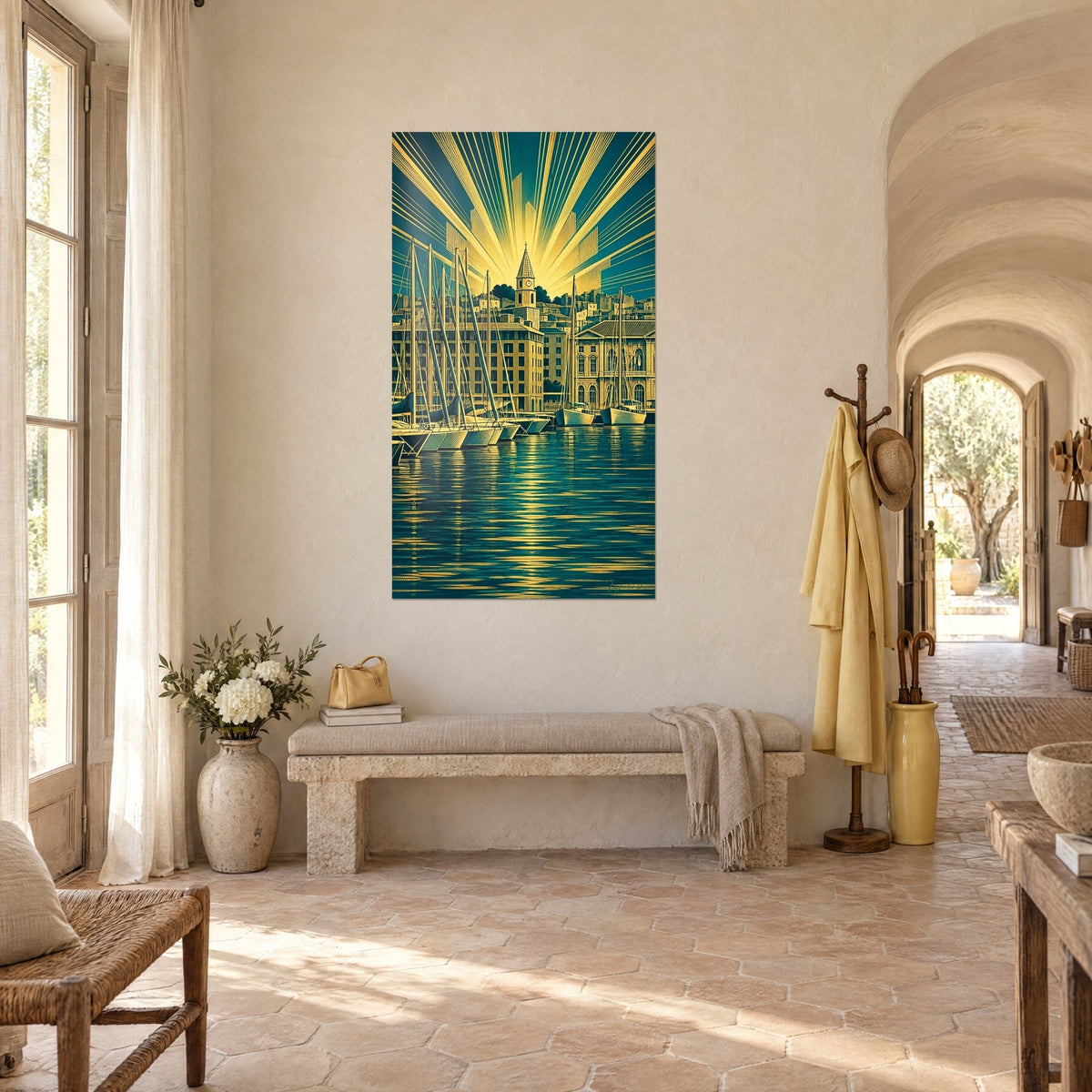 Wall art Marseille bell tower under a blazing yellow sun, ivory hulls on green water, white wall of a mas, three-quarter view