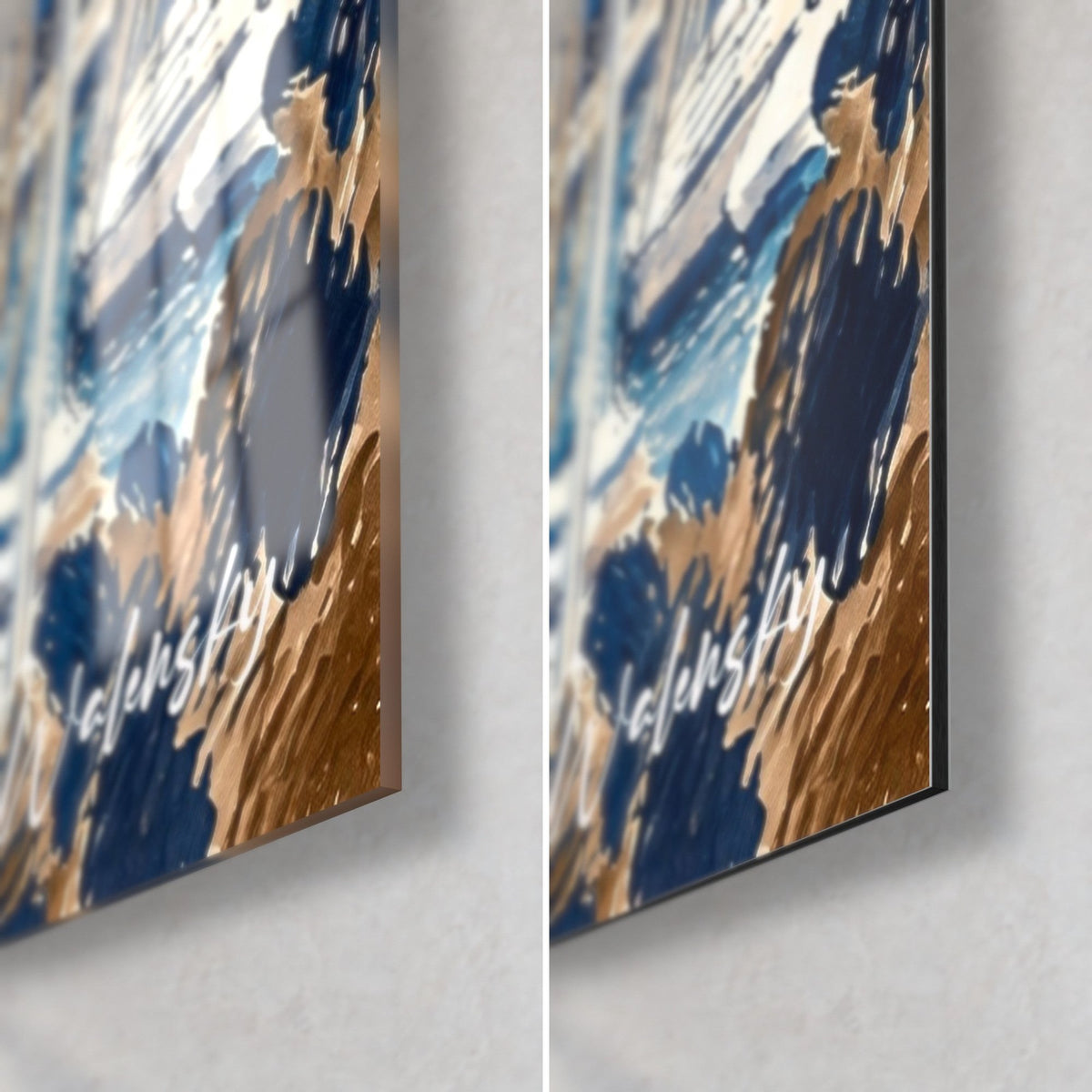 Cuadro de Marsella en azul y arena, esquina inferior derecha: cristal acrílico brillante con reflejos a la izquierda, aluminio Dibond mate a la derecha