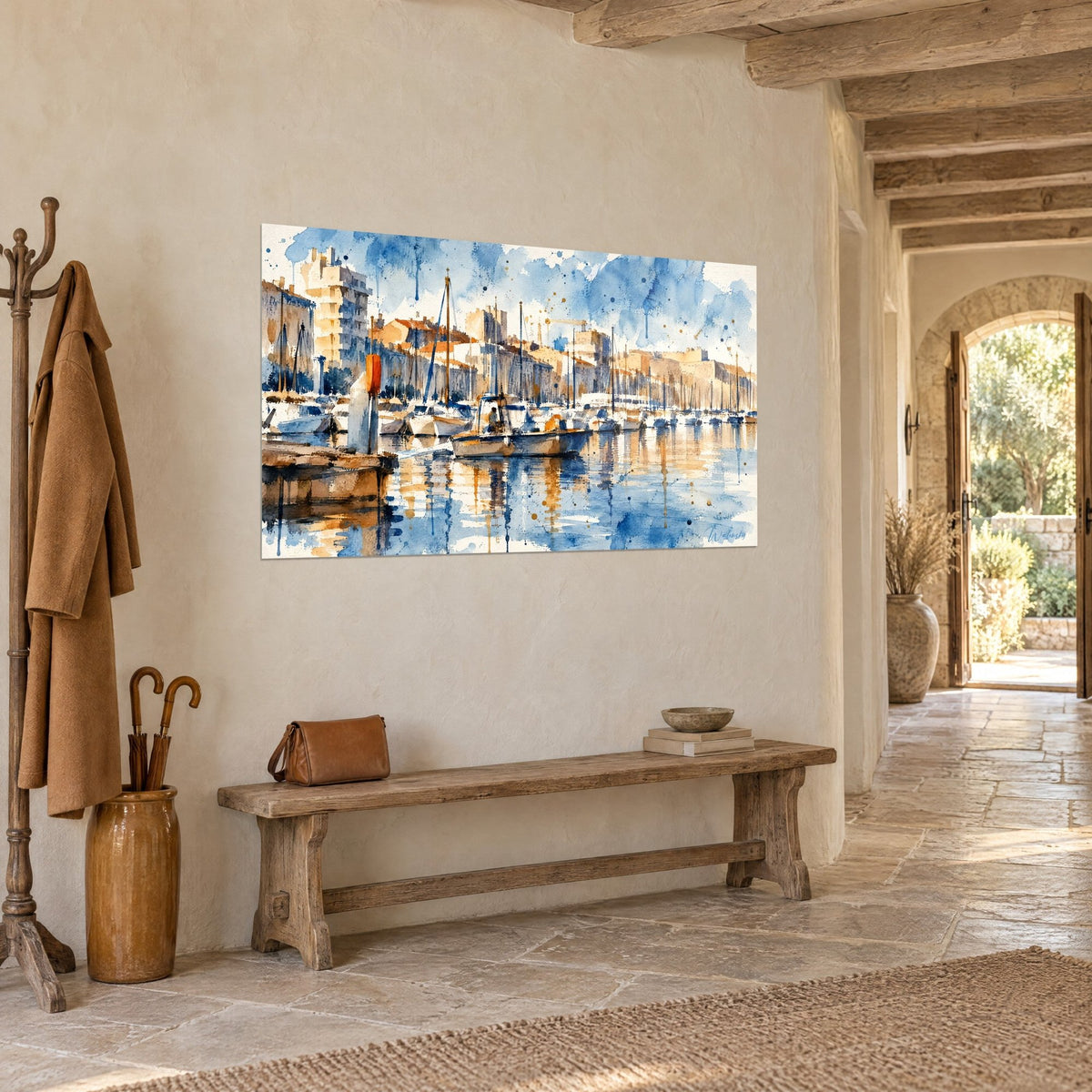 Schilderij van de kade van Marseille met dicht opeengepakte masten, zandkleurige gevels op turquoise water met oranje vlekken, driekwartaanzicht, stenen huis