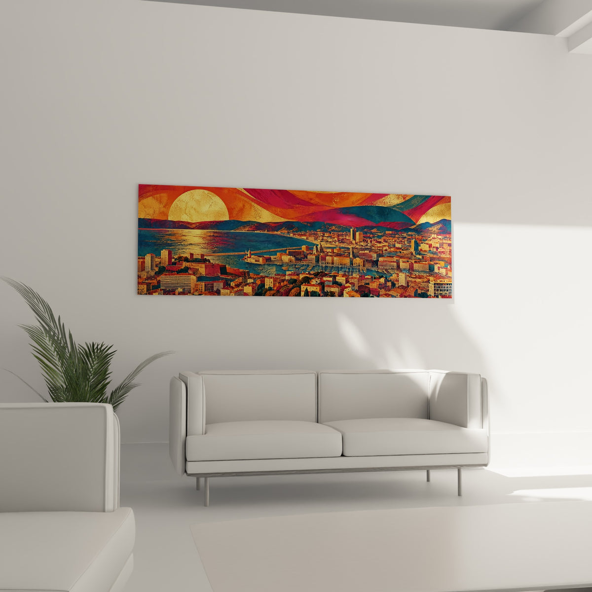 Ville portuaire pourpre et dorée sous un ciel graphique, au-dessus d'un canapé dans un salon lumineux