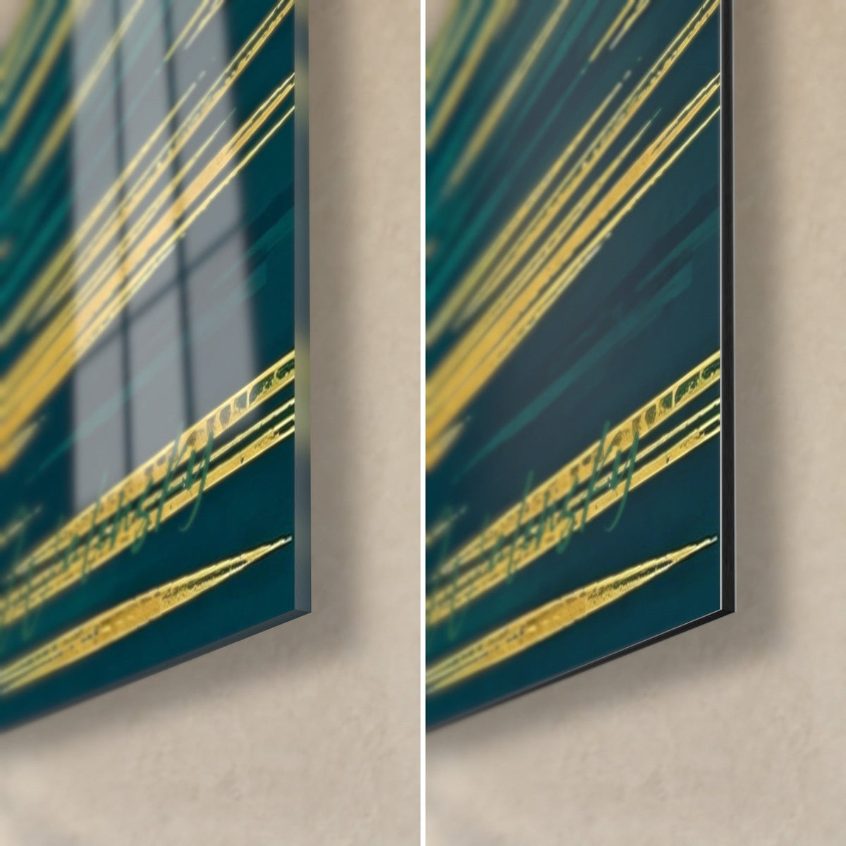 Wall art sailboat masts and golden rays on a duck-blue background, bottom right corner, glossy glass on the left and matte Dibond on the right