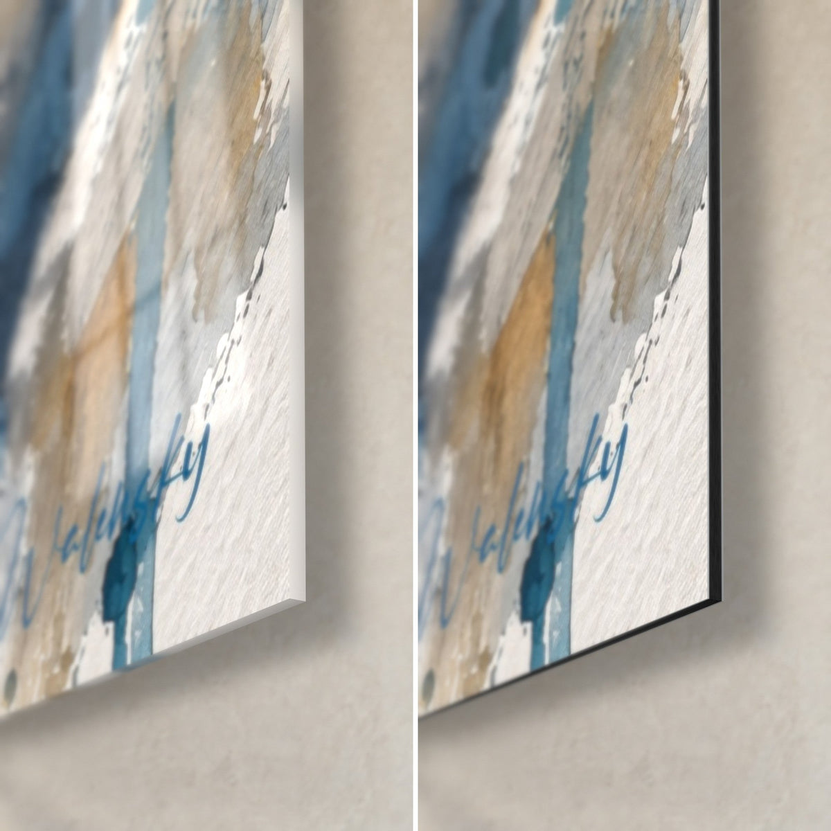 Schilderij blauwgrijze en okerkleurige stenen stadsmuren, rechtsonder hoek, glanzend glas links, mat Dibond rechts, rand van 3 mm
