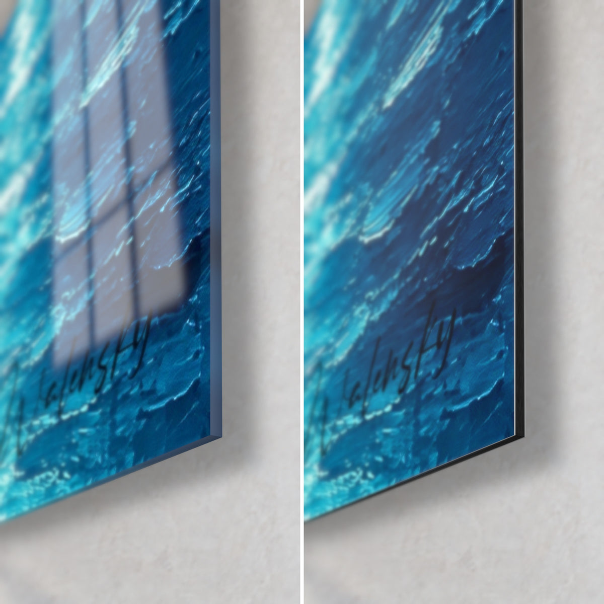 Cuadro veleros amarrados en azul profundo y blanco tiza, esquina inferior derecha: cristal acrílico brillante y Dibond negro mate