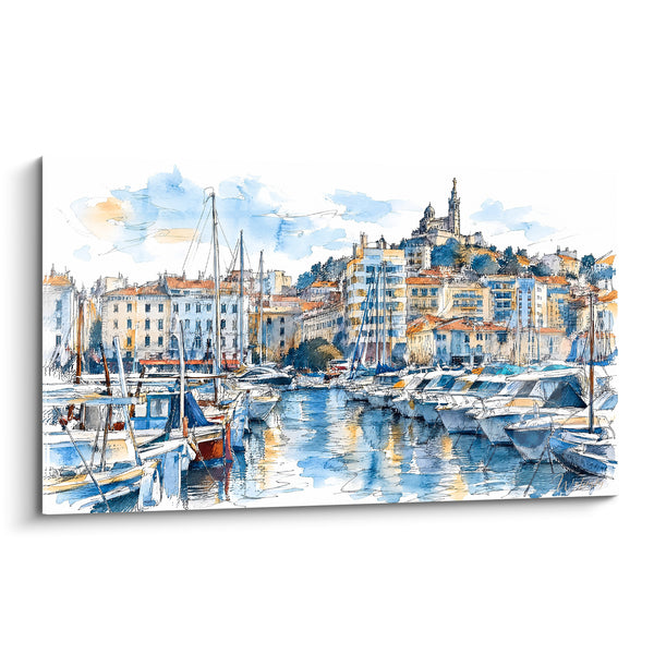 Tableau Vieux-Port bleu et ocre à l'aquarelle - Réveil du port - Edition Marseille Provence-Alpes-Côte d'Azur France