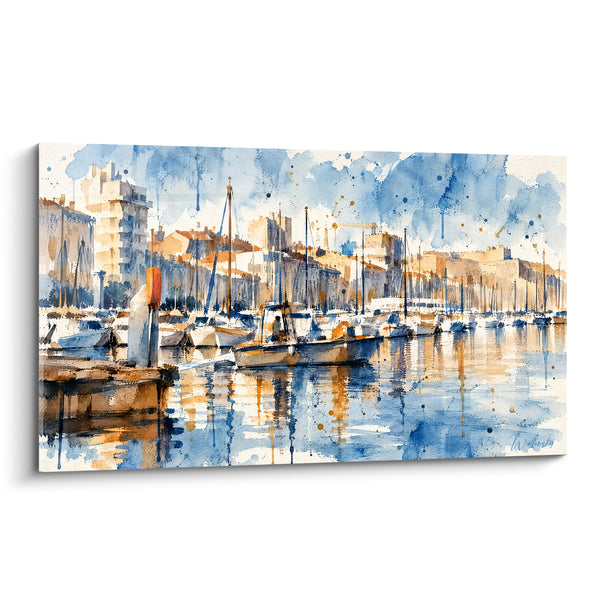 Schilderij Oude Haven met blauwe en oker boten - Ochtend in de haven - Editie Marseille Provence-Alpes-Côte d'Azur Frankrijk