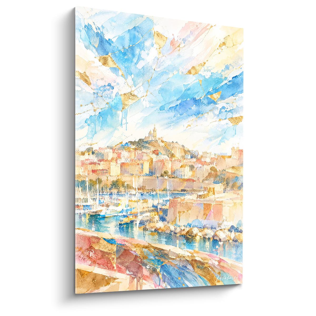 Vieux-Port de Marseille en aquarelle bleu azur et doré, voiliers blancs devant la basilique