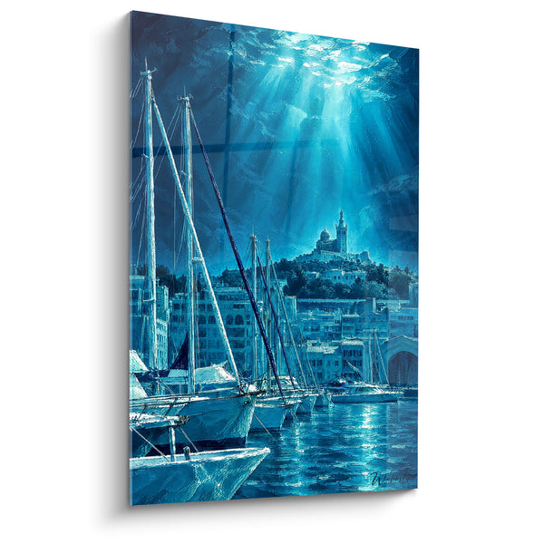 Tableau Vieux-Port bleu nuit aux voiliers amarrés - Veille nocturne du port - Edition Marseille Provence-Alpes-Côte d'Azur France