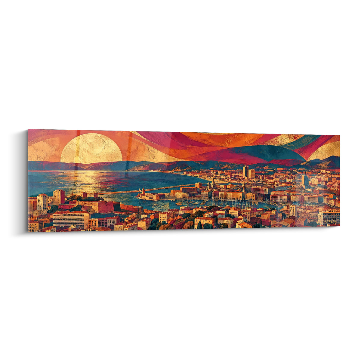 Panorama doré et bleu pétrole du Vieux-Port de Marseille au coucher du soleil stylisé