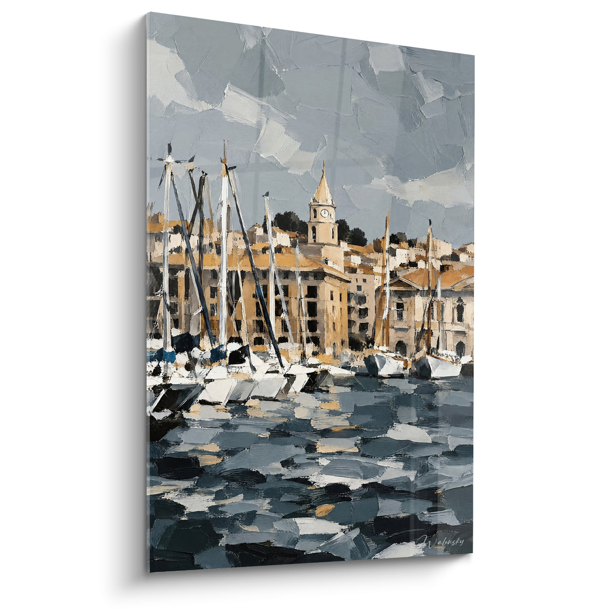 Tableau voiliers blancs et façades ocre du Vieux-Port peints au couteau sous ciel gris ardoise