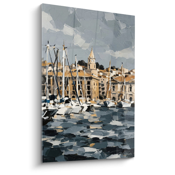 Tableau Vieux-Port voiliers ocre et gris ardoise - Matinée au port - Edition Marseille Provence-Alpes-Côte d'Azur France