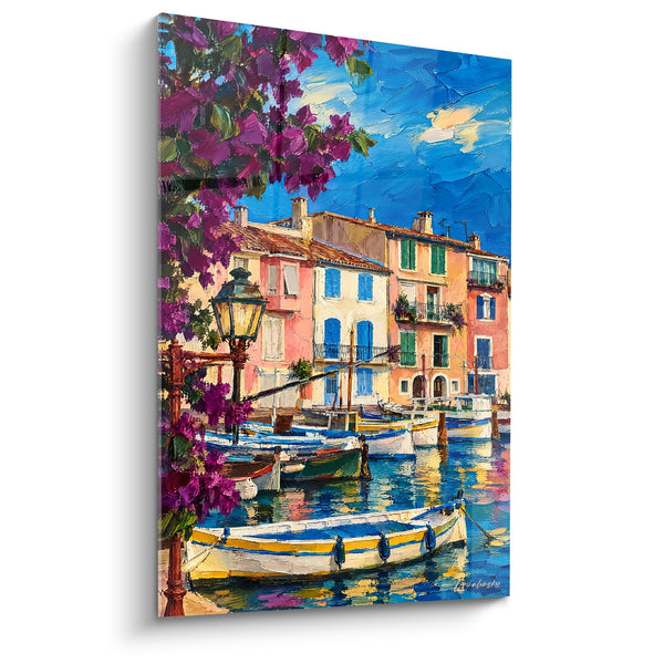Tableau Bougainvillier mauve et bleu au canal animé - Réverbère ancien du quai - Edition Martigues Provence-Alpes-Côte d'Azur France
