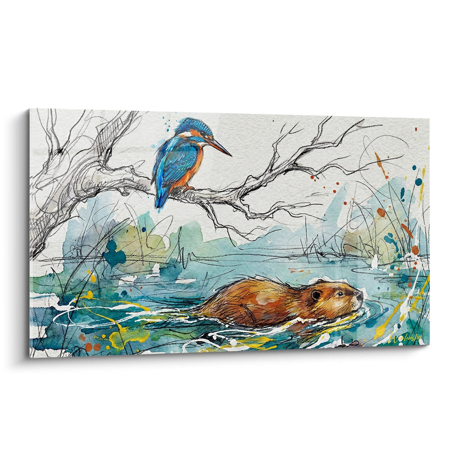 Tableau Martin-pêcheur et Castor dans Décor Aquatique Bleu et Orange - Harmonie Sauvage - Edition Castor