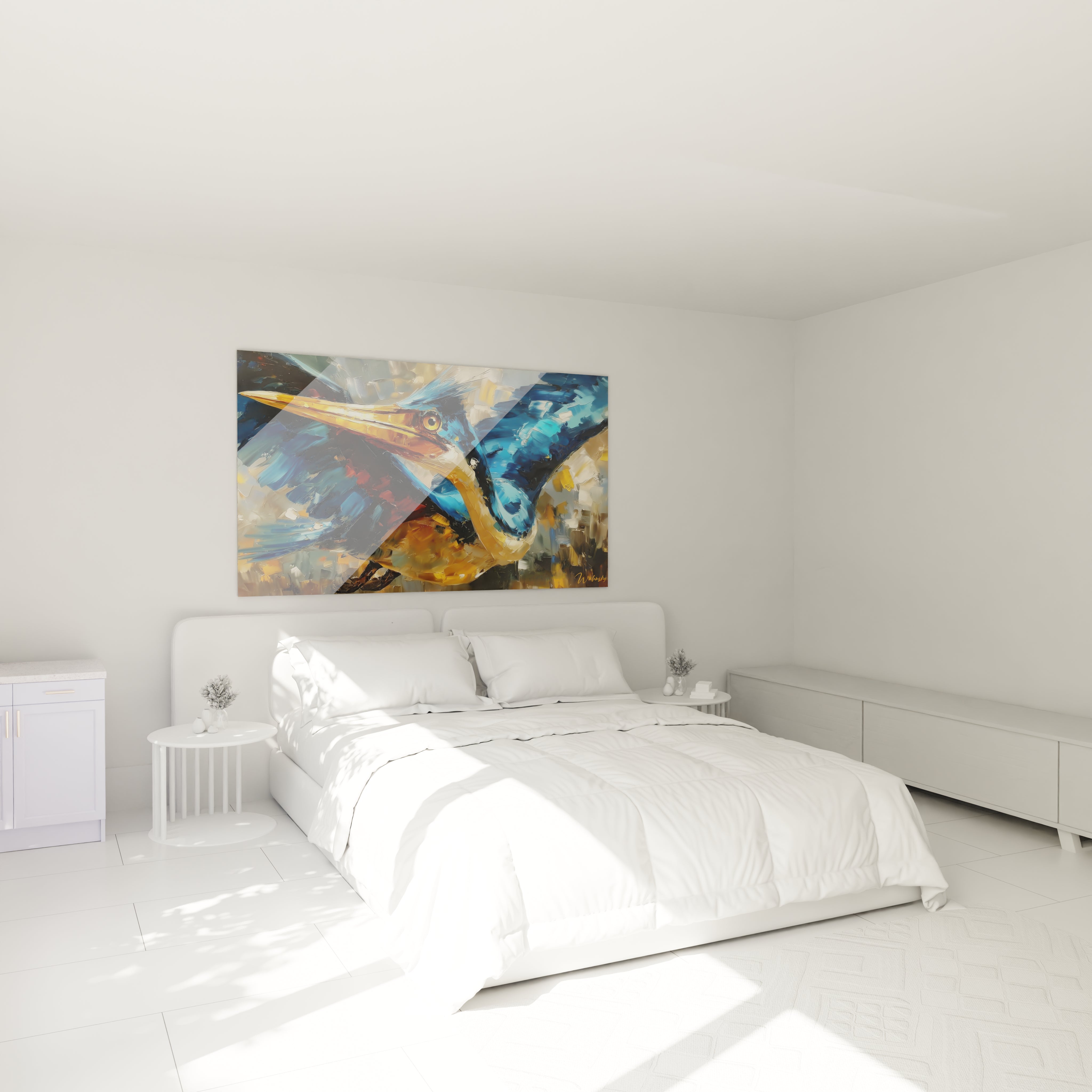 Tableau martin-pêcheur bleu décorant une chambre moderne ambiance nature artistique