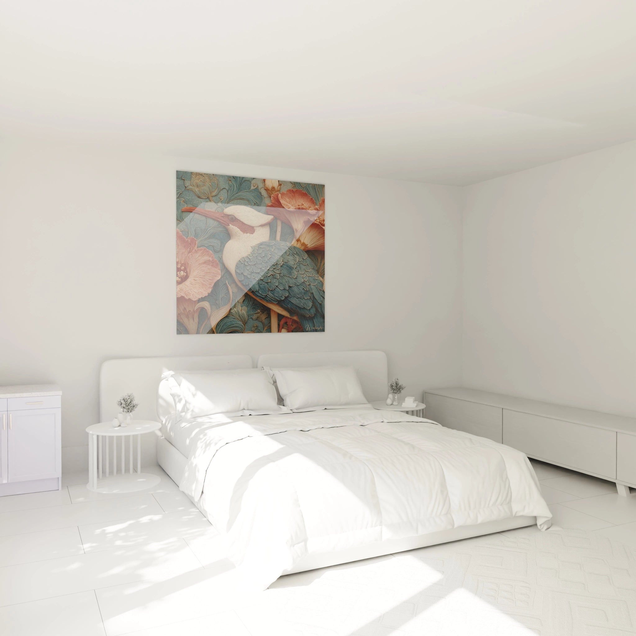 Tableau mural Walensky tableau martin-pêcheur art nouveau dans chambre blanche minimaliste motif oiseau et fleurs