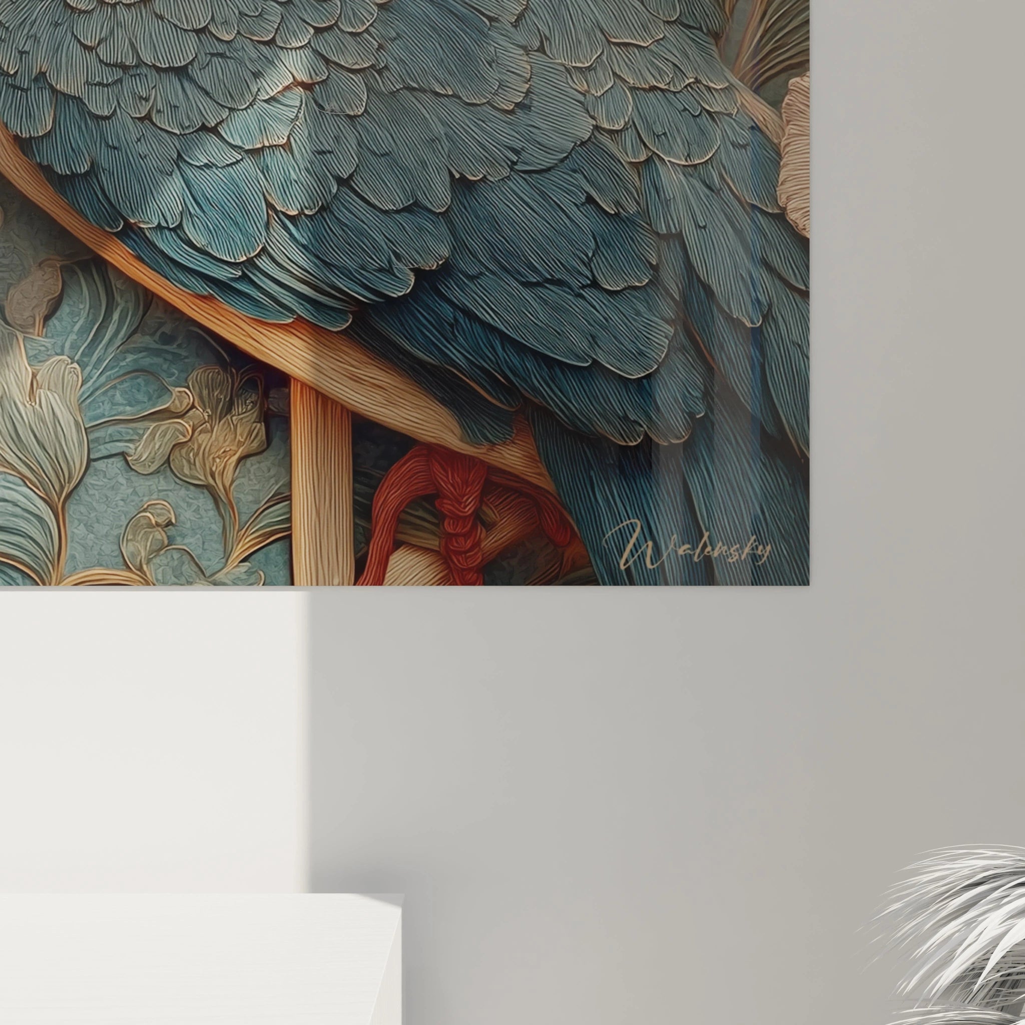 Walensky tableau martin-pêcheur art nouveau gros plan sur plumes détaillées et motif floral mural