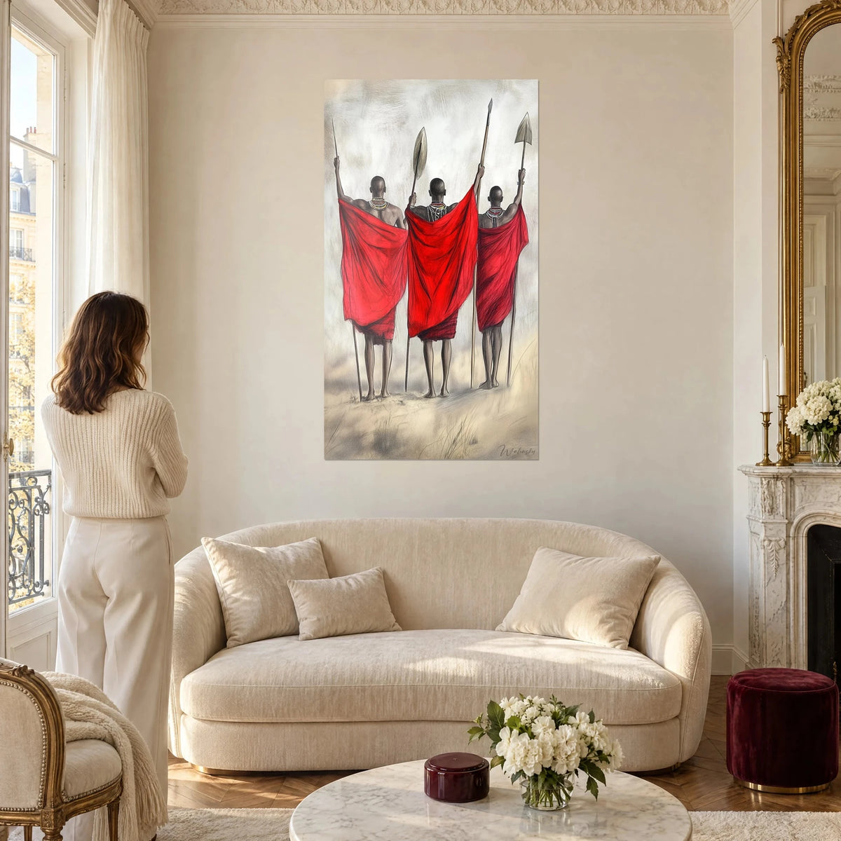 Schilderij van drie Masai-krijgers van achteren, speren omhoog, felrode sjaals op crèmekleurige achtergrond, een vrouw die het bewondert boven een bank in een lichte woonkamer