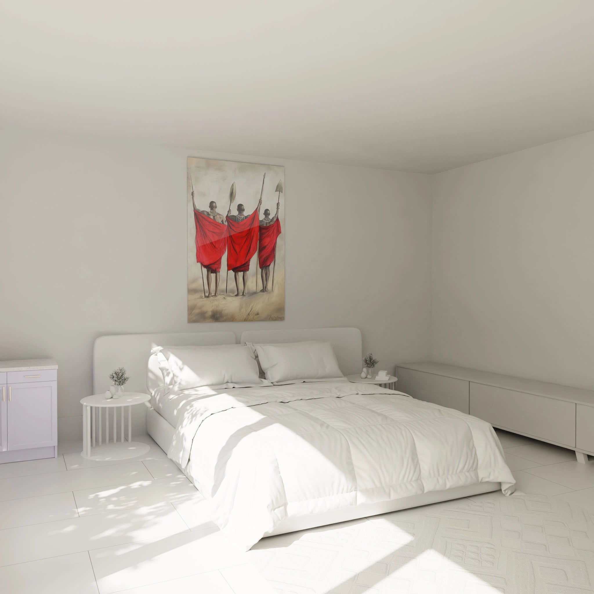 Tableau africain mural Walensky avec personnages en toges rouges suspendu au-dessus d'un lit moderne blanc