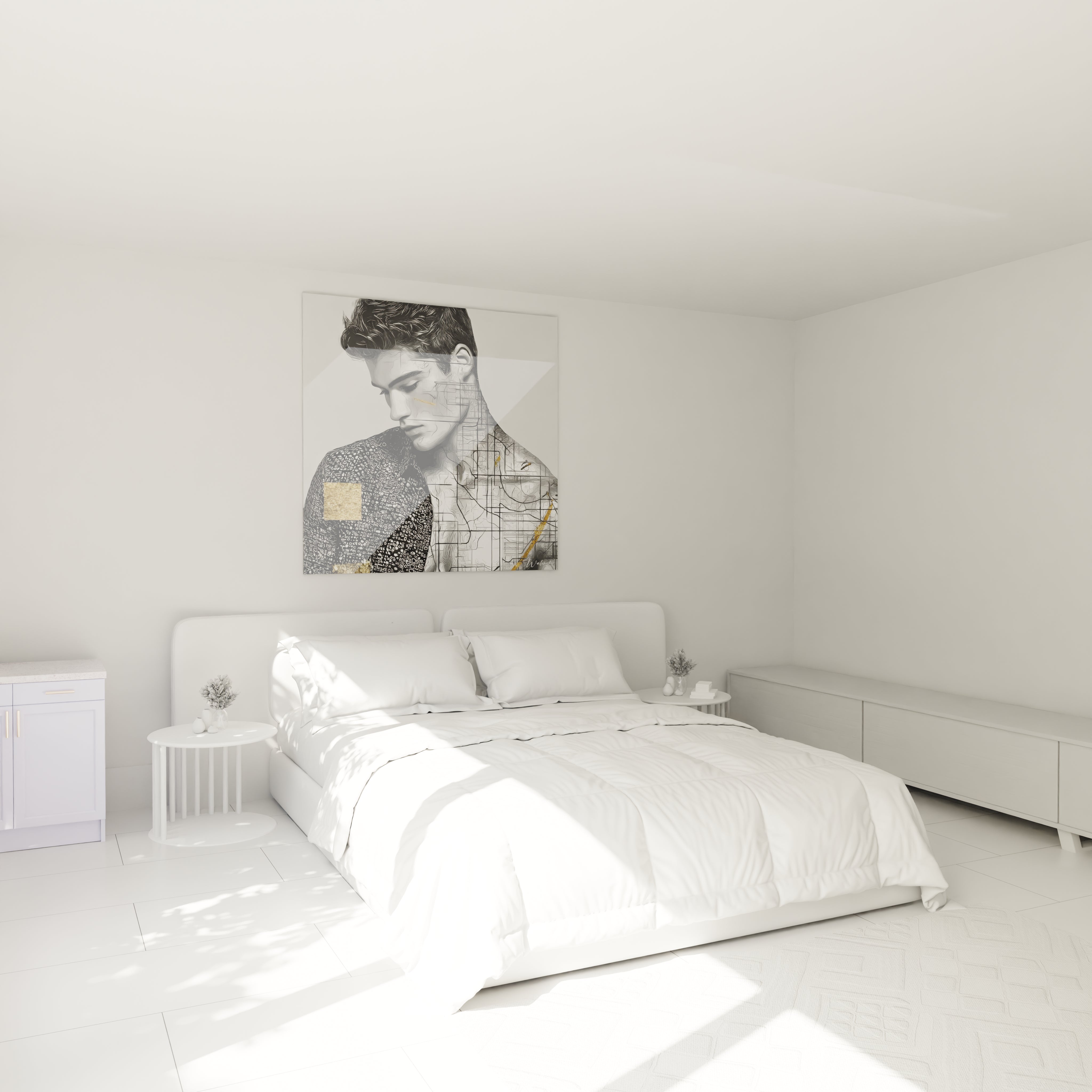 Tableau masculin déco murale de Walensky dans une chambre moderne avec lit blanc