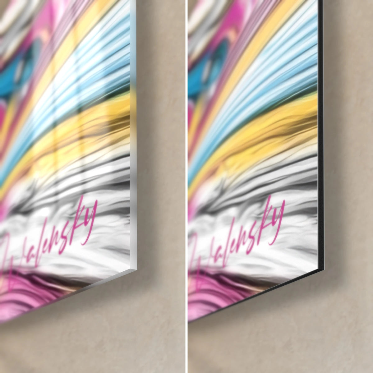 Wall art profile of a young man, bottom right corner: glossy glass on the left, matte black Dibond on the right, blue and yellow streaks