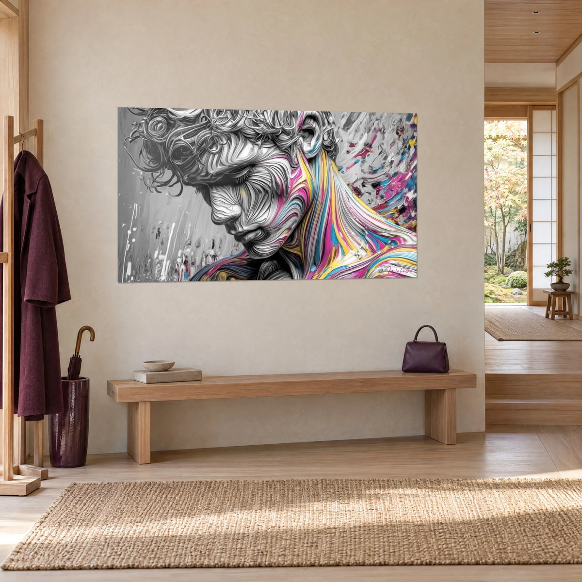 Cuadro retrato masculino de perfil inclinado, mechones plateados y cintas azul turquesa y magenta, colgado en un recibidor japandi
