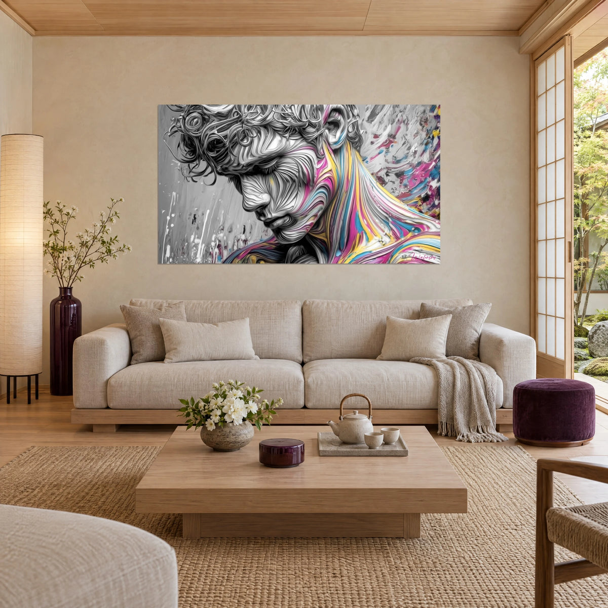 Wall art man's face with grey curls, fuchsia and yellow paint streams running down the neck, above a sofa in a bright living room