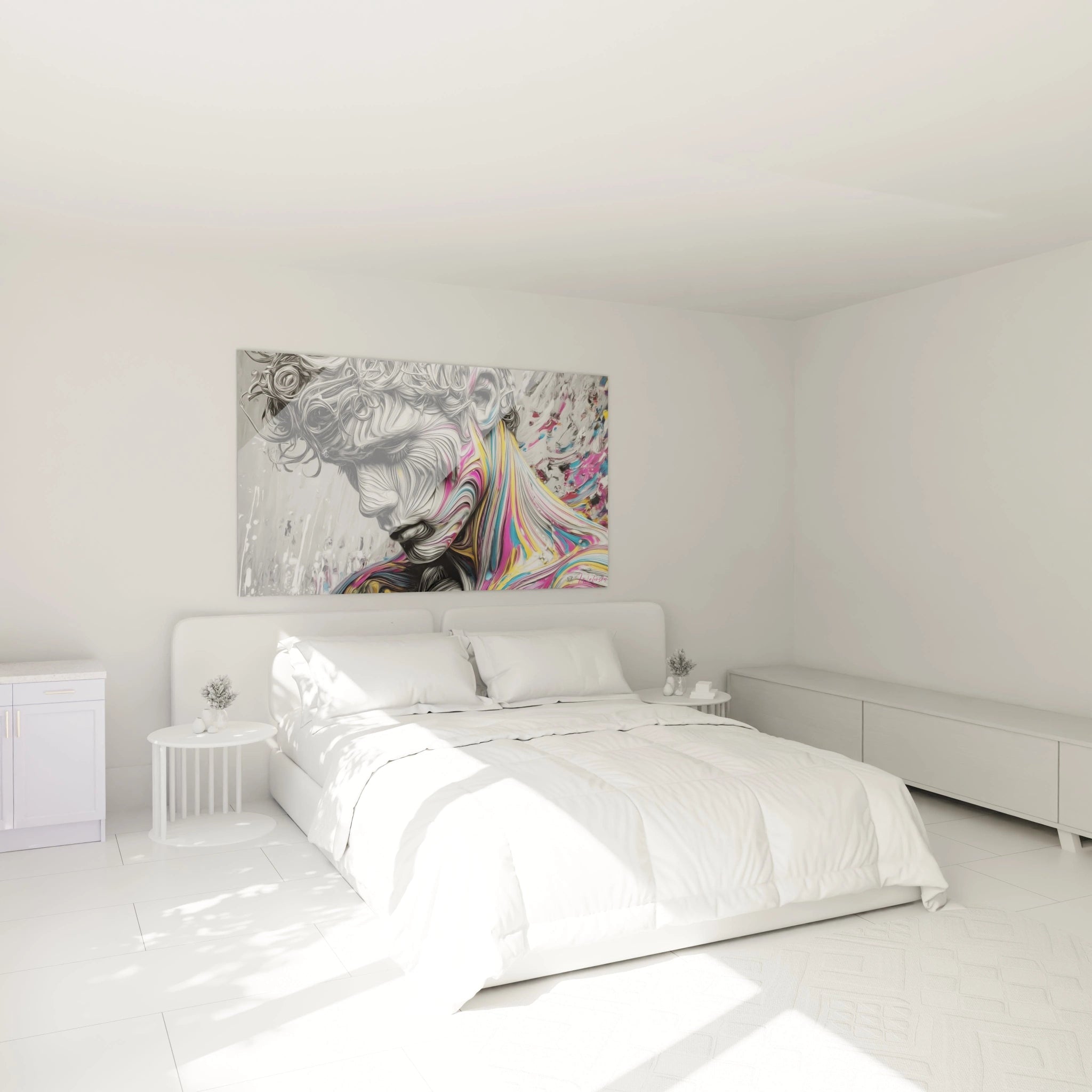 Tableau art masculin moderne avec un design coloré dans une chambre lumineuse et moderne