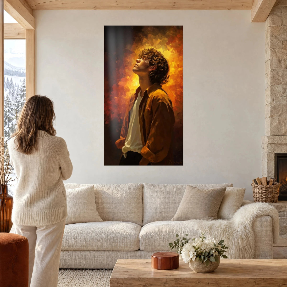 Wall art young curly-haired man with face lifted, ochre jacket and white shirt against orange flames, above a sofa in a bright living room