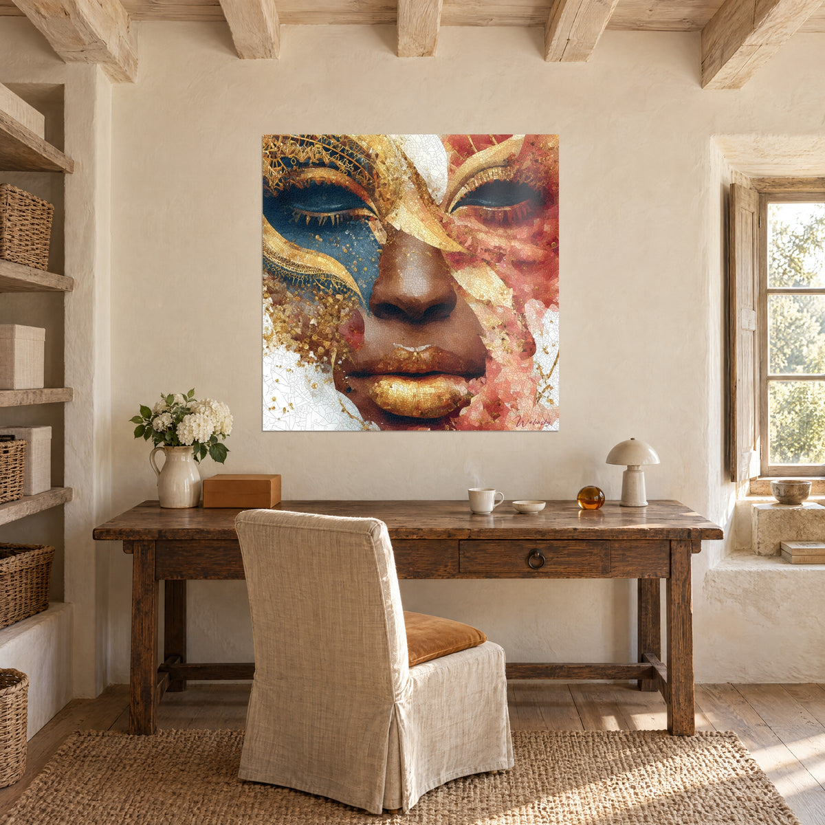 Cuadro gran rostro con pestañas doradas, toques de oro sobre azul pizarra y rosa salmón, encima de un escritorio de madera