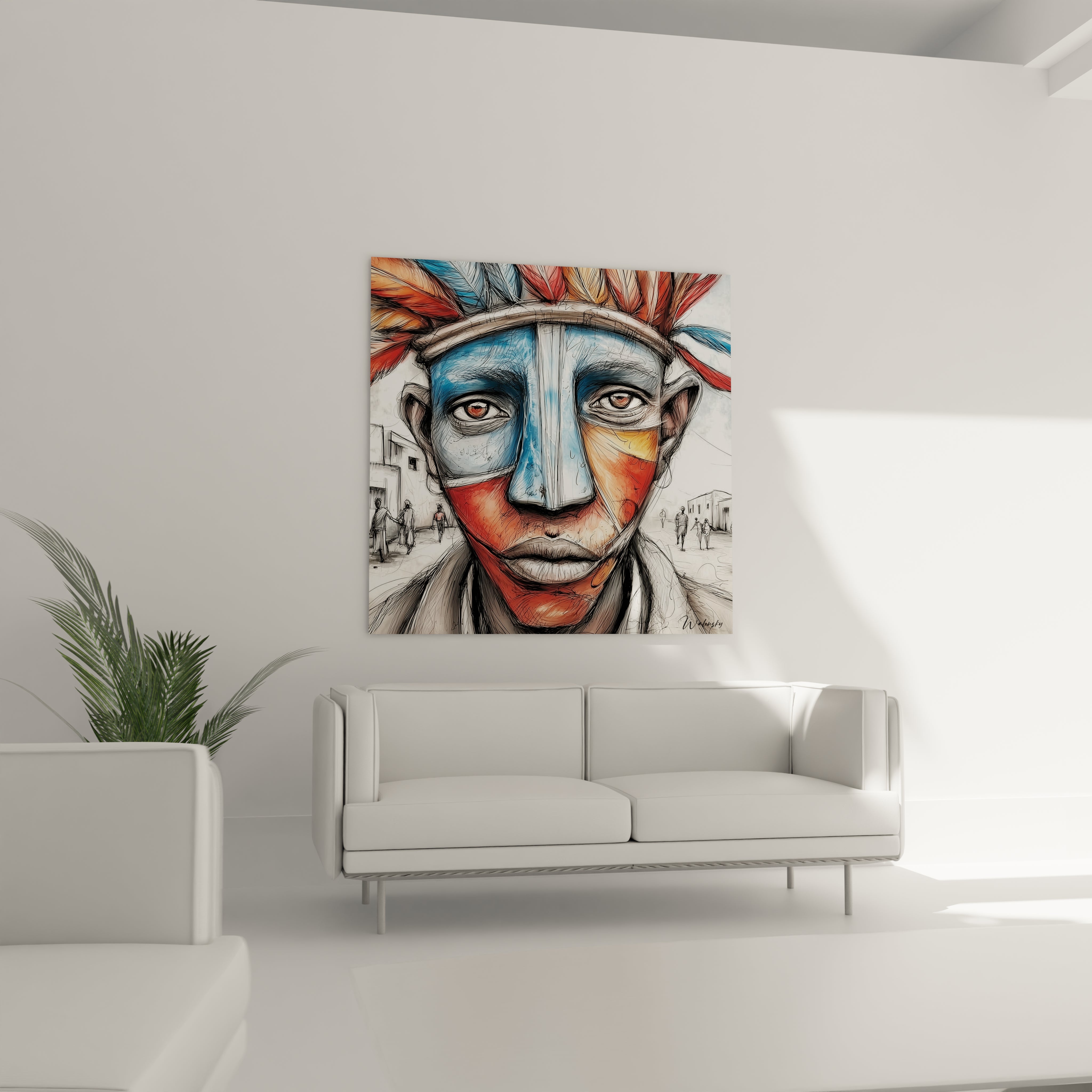 Tableau masque africain coloré de Walensky, parfait pour décorer un salon moderne
