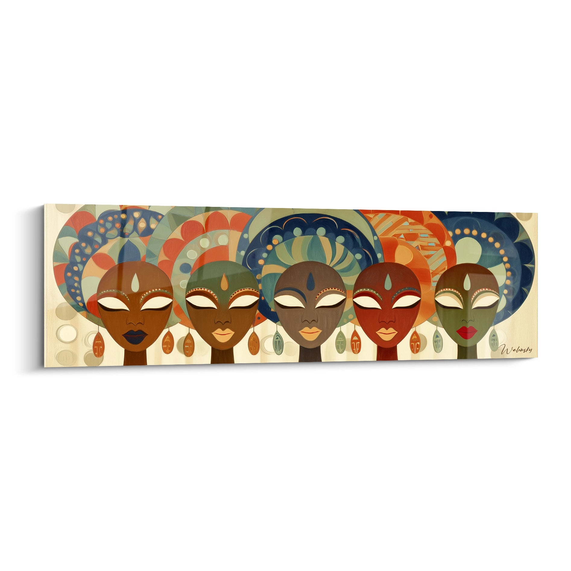 Tableau mural masque africain coloré avec des visages stylisés et motifs vibrants