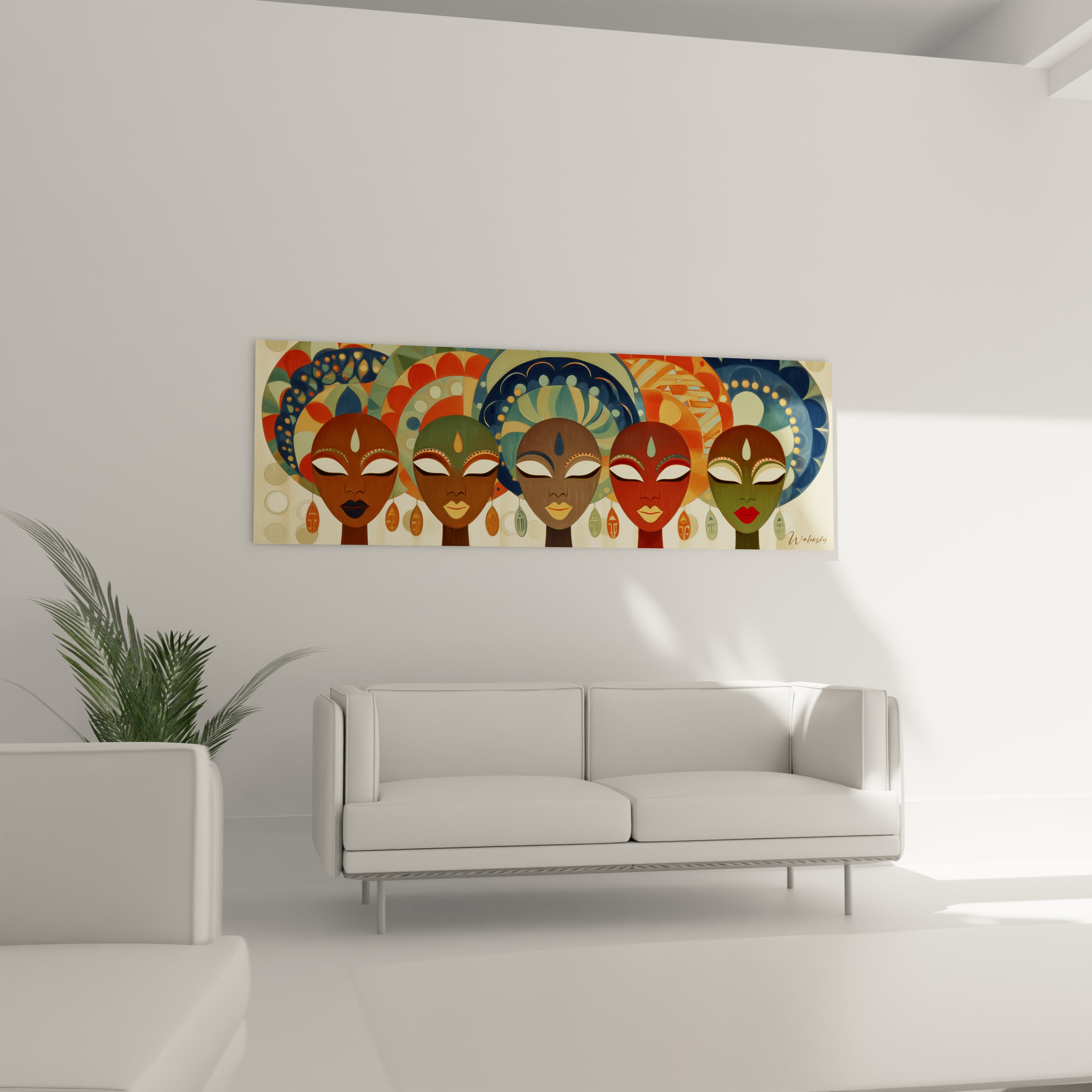 Tableau mural avec un masque africain coloré pour décorer votre salon moderne