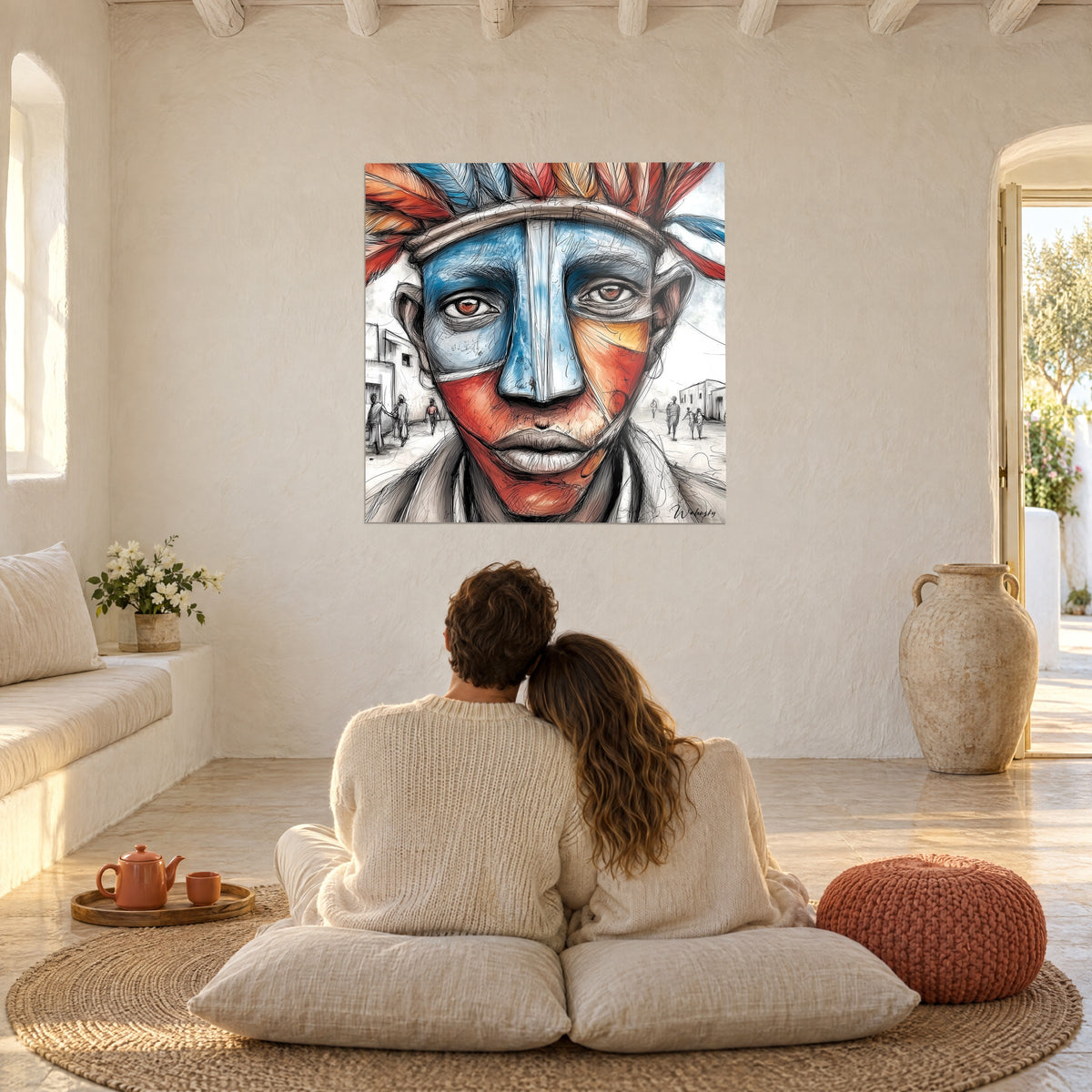 Cuadro figura de plumas azules y rojas, pueblo esbozado al fondo, frente a una pareja sentada sobre cojines beige