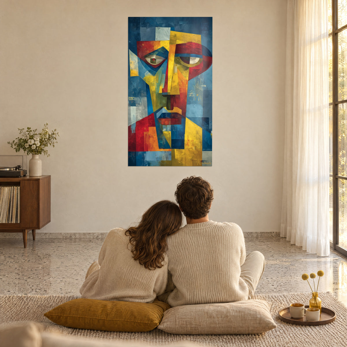 Πίνακας γεωμετρικό κεφάλι σε βασιλικό μπλε, κροκί κίτρινο και κοραλλί κόκκινο, αγκαλιασμένο ζευγάρι από πίσω πάνω σε μαξιλάρια, μεγάλη τζαμαρία