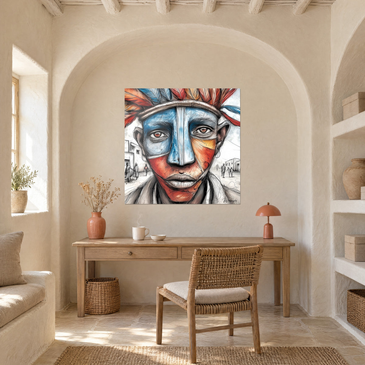 Cuadro boceto de un rostro tribal, planos turquesa y naranja sobre trazos negros, pared curva de un despacho de piedra clara