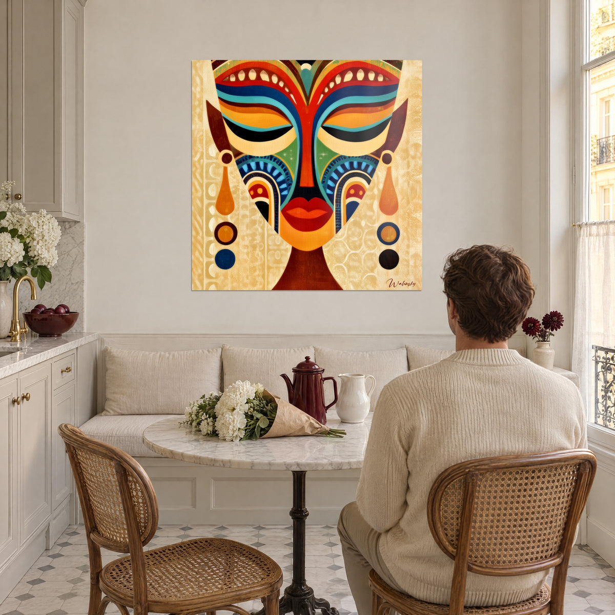 Cuadro retrato totémico con motivos azul turquesa y naranja, fondo crema texturizado, frente a un hombre sentado a la mesa en una cocina luminosa