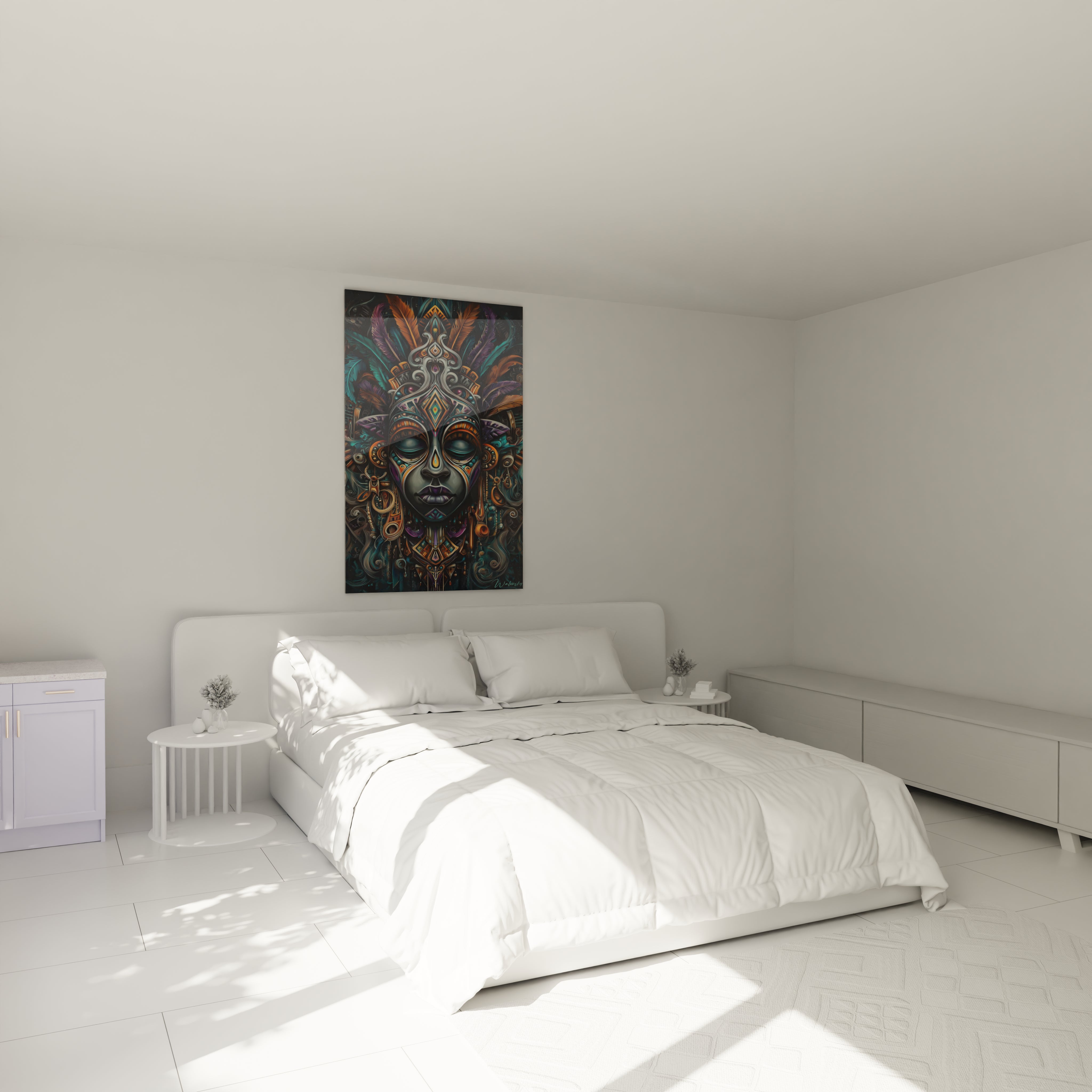 Tableau masque africain décoratif de Walensky, ajoutant une touche artistique au décor moderne de la chambre