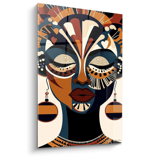 Quadro africano da parete Walensky che rappresenta un ritratto stilizzato con colori caldi e motivi etnici